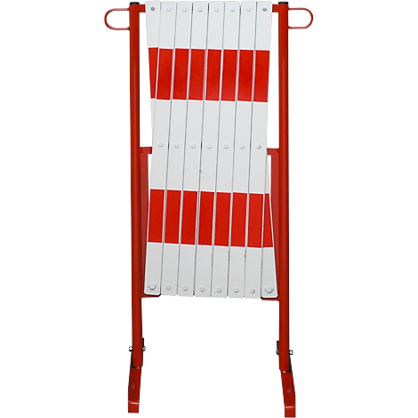 Expandable red and white striped barrier, held by a red frame.