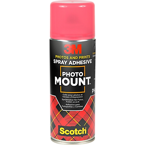 Een Scotch Photo Mount spuitbus. Roze deksel, zwarte achtergrond met rood ruitpatroon en productlabel.