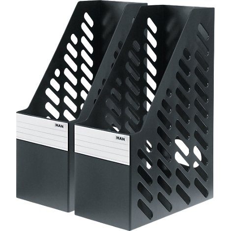 Dos carpetas negras perforadas, con una etiqueta blanca y el texto "HAN".