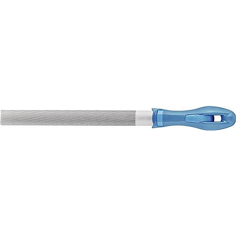 Une lime métallique avec une poignée bleue.