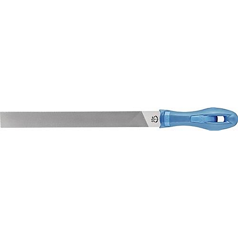 Lime avec manche bleu. Le métal est argenté et brillant. La poignée a une forme ergonomique.