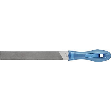 Lime en métal avec manche bleu. Longue lame grise, avec manche bleu à une extrémité. Logo près de la lame.