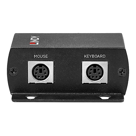 Schwarzes Gehäuse mit 'MOUSE' und 'KEYBOARD' Anschlüssen. Oben steht 'LINDY'.