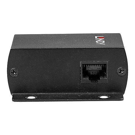 Schwarzer Netzwerk-Konverter mit RJ45-Anschluss, Schrauben und der Marke LINDY.