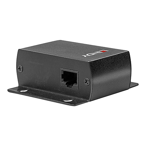 Schwarzer Netzwerk-Adapter, mit Anschluss und Logo 'LINDY'. Montagemöglichkeit an den Seiten.