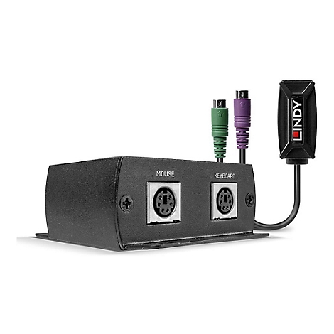 Schwarzer Lindy-KVM-Switch mit grünen und lila PS/2-Kabeln für Maus und Tastatur. Aufschrift: "MOUSE", "KEYBOARD" und "LINDY".