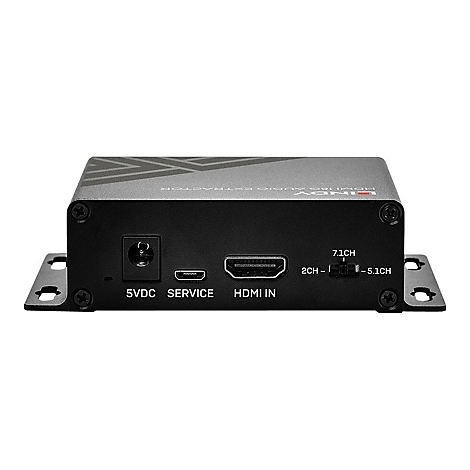 Schwarzer HDMI-Audio-Extraktor. Anschlüsse: 5VDC, Service, HDMI IN und Schalter für 2CH, 5.1CH und 7.1CH.