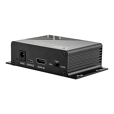 Schwarzer HDMI-Audio-Extraktor. Oben Logo und Schriftzüge. Anschlüsse: 5VDC, Service, HDMI In, 2CH, 7.1CH, 5.1CH.