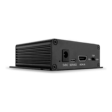 Ein schwarzes, rechteckiges Gerät mit Anschlüssen: 5VDC, SERVICE, HDMI IN, und eine Einstellung für 7.1CH/5.1CH. Auf der Oberseite sind Schrauben.