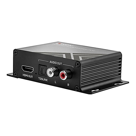 Schwarzer HDMI-Audio-Extractor, detaillierte Ansicht der Anschlüsse: HDMI Out, Toslink, Audio Out (L/R).