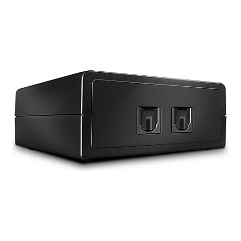 Schwarzes, rechteckiges Gerät mit zwei Aussparungen für Kabel.