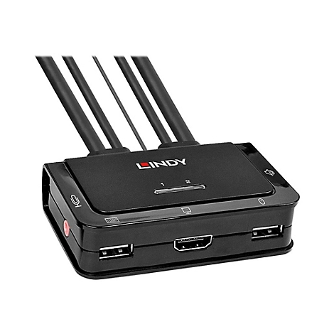 Schwarzer HDMI-Switch mit drei Kabeln, USB-AnschlÃ¼ssen und Lindy-Logo. Auswahlknopf fÃ¼r EingÃ¤nge.