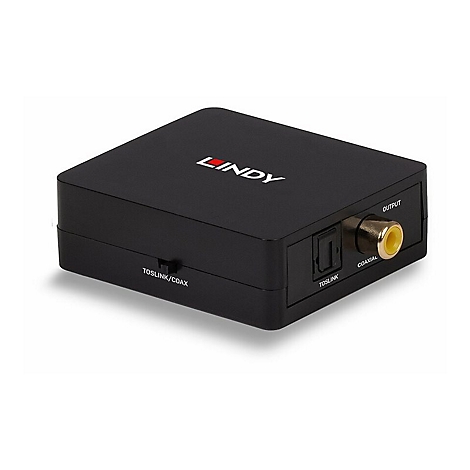 Schwarzer Audio-Konverter mit den Aufschriften LINDY, TOSLINK/COAX und OUTPUT.