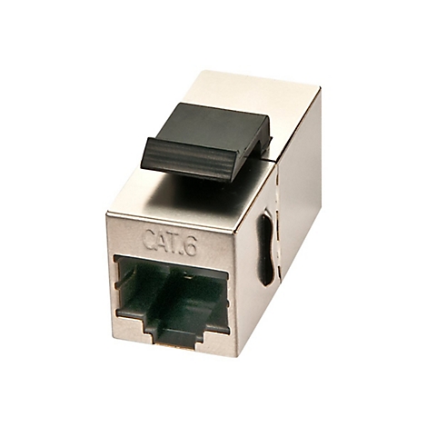 Un connecteur réseau métallique, marqué CAT.6, avec une partie en plastique noir.
