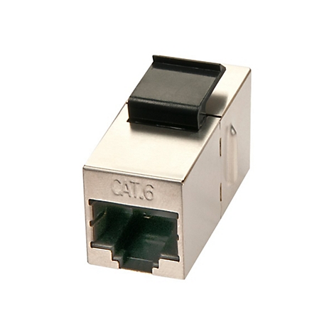 Connecteur RJ45 en métal avec fermoir pliable noir. Texte CAT.6.