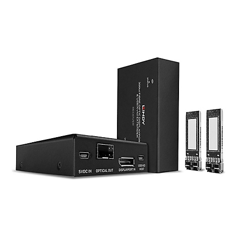 Schwarze LINDY-Geräte: Empfänger mit Anschlüssen, neben einem hochformatigen Gerät, zwei kleinen Modulen auf weißem Hintergrund.