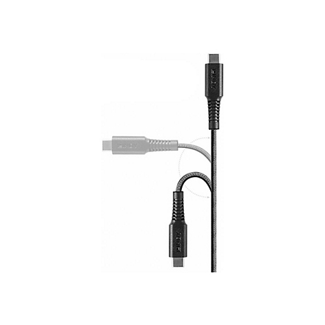 Câble USB-C noir et gris ; un connecteur représenté plié.