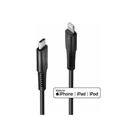 Câble USB-C vers Lightning noir avec un logo "Made for iPhone | iPad | iPod". Les extrémités du câble et le câble lui-même sont visibles.