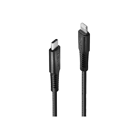 Deux câbles de chargement noirs: USB-C et Lightning, avec le logo LINDY.