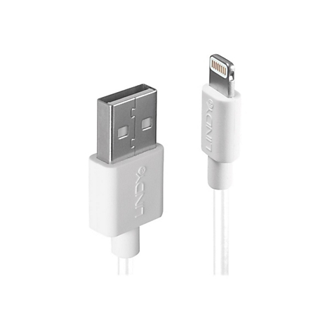 Deux extrémités de câble de charge blanches, l'une avec un connecteur USB-A, l'autre avec un connecteur Lightning, toutes deux avec le logo Lindy.