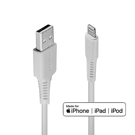 Câble Lightning blanc vers USB. Le câble possède un connecteur USB-A et un connecteur Lightning. Sur le câble, on peut lire "LINDY" et "Made for iPhone | iPad | iPod".