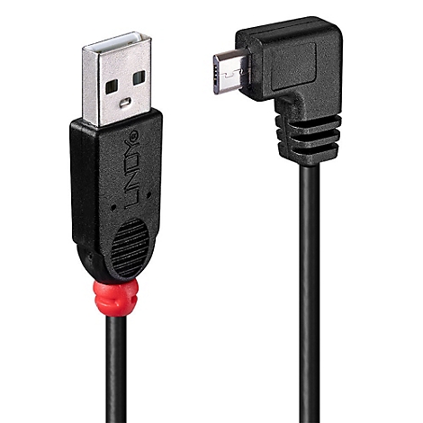 Câble USB noir avec accent rouge. Une extrémité est USB-A, l'autre micro-USB, coudée.