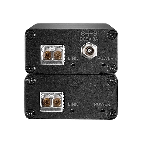 Zwei schwarze Geräte, beschriftet mit 'LINK' und 'POWER', mit Anschlüssen und Schrauben.