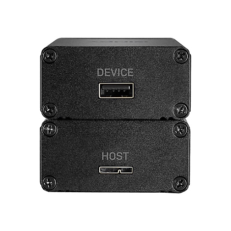 Schwarzer, rechteckiger Kasten mit zwei Ebenen. Auf der oberen Ebene steht 'DEVICE' und ein USB-Anschluss, auf der unteren 'HOST' und ein weiterer Anschluss.