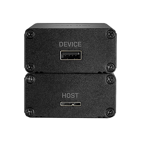 Schwarzes Gerät mit zwei USB-Anschlüssen. Oben: „DEVICE“. Unten: „HOST“.