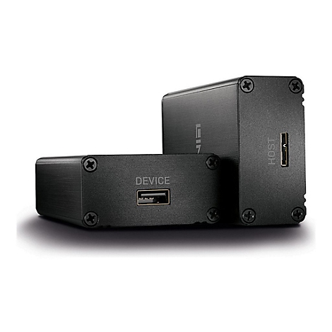 Zwei schwarze, quaderförmige Geräte mit USB-Anschlüssen. Auf einem steht HOST, auf dem anderen DEVICE.