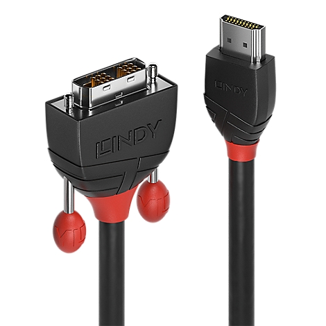 Un câble Lindy noir avec des accents rouges et des connecteurs. Le connecteur DVI à gauche, le connecteur HDMI à droite.
