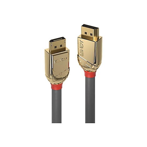 Deux fiches HDMI dorées avec câble gris. La fiche porte l'inscription "LINDY".