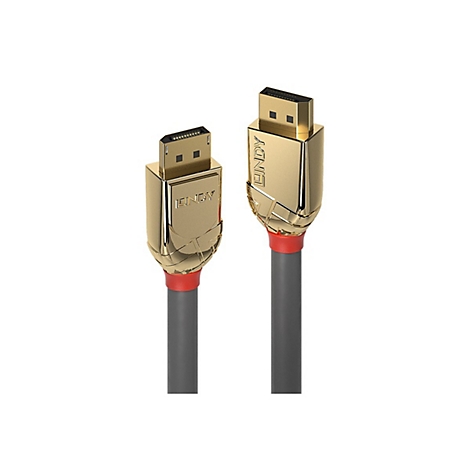 Deux câbles LINDY dorés avec des câbles gris et des accents rouges sur fond blanc.