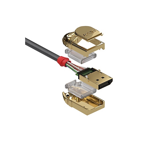 Vue éclatée d'un câble HDMI avec des connecteurs dorés et des fils apparents. Le mot "LINDY" est visible.