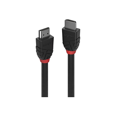 Deux câbles HDMI noirs avec des accents rouges. L'un porte la mention "LINDY", l'autre "HDMI".