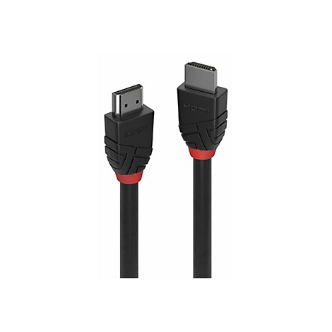 Deux câbles HDMI noirs avec des accents rouges et des fiches grises sur fond blanc. Un câble indique "LINDY".