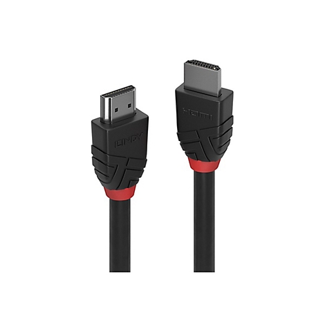 Deux câbles HDMI côte à côte : noirs avec des accents rouges. Un connecteur avec lettrage LINDY, l'autre avec logo HDMI.
