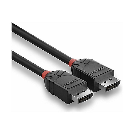 Un câble DisplayPort Lindy noir avec des accents rouges. Les deux connecteurs sont visibles, l'un est à moitié dans l'image.