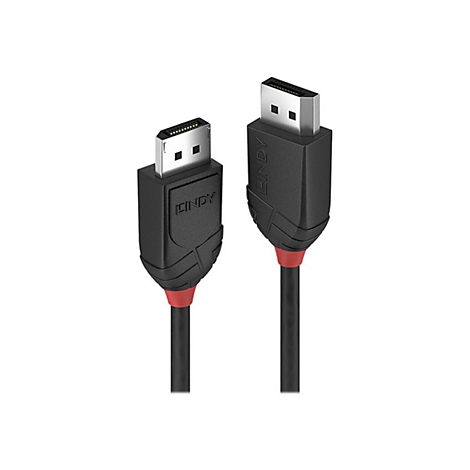Deux câbles DisplayPort noirs avec des touches de rouge. Un câble est au premier plan, l'autre en arrière-plan.