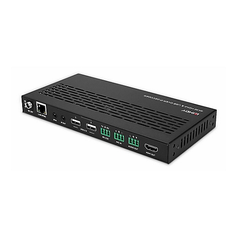 Décodeur Lindy 4K30 HDMI & USB Over IP noir avec connexions, étiquettes et logo de la marque.
