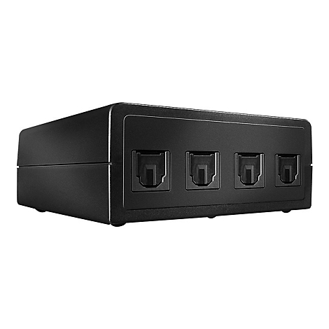 Schwarzer Adapter mit vier Anschlüssen.