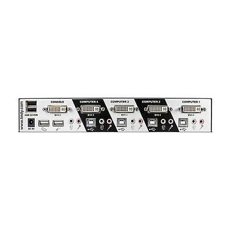 Schwarz-silberner KVM-Switch mit AnschlÃ¼ssen fÃ¼r Konsole und Computer. Beschriftungen: Console, Computer 1-4, USB, DVI.