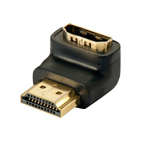 Ein schwarzer, abgewinkelter HDMI-Adapter mit goldenen Steckern. Der Stecker ist auf weißem Hintergrund abgebildet.
