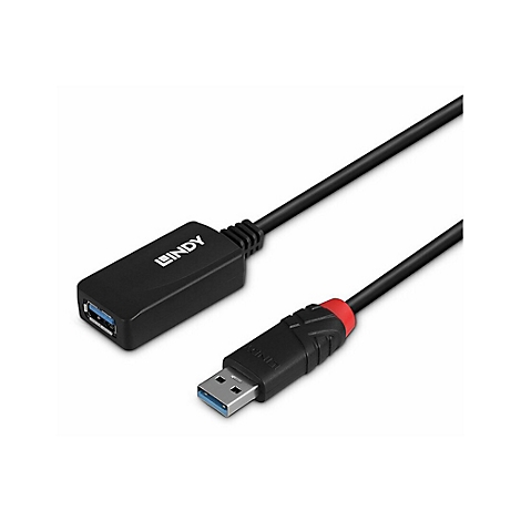 Schwarzes USB-Kabel von Lindy, Stecker und Buchse mit blauer Markierung.