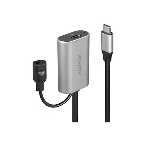 Silberner Lindy USB-C-Adapter mit USB-A und Klinkenanschluss, schwarzem Kabel und Typ-C-Stecker.