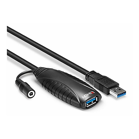 Schwarzes USB-Verlängerungskabel mit Steckern an beiden Enden. Auf dem Gehäuse steht "LINDY".