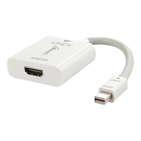 Un adaptateur LINDY blanc avec des connecteurs HDMI et Mini DisplayPort. Inscription: Moniteur et Source. Câble gris.