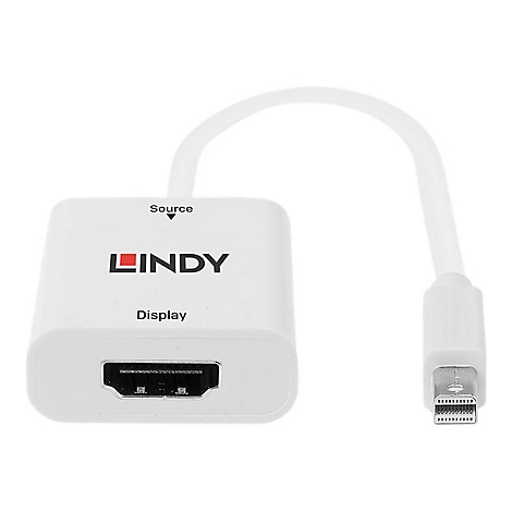 Adaptateur LINDY blanc avec connecteurs DisplayPort et HDMI.