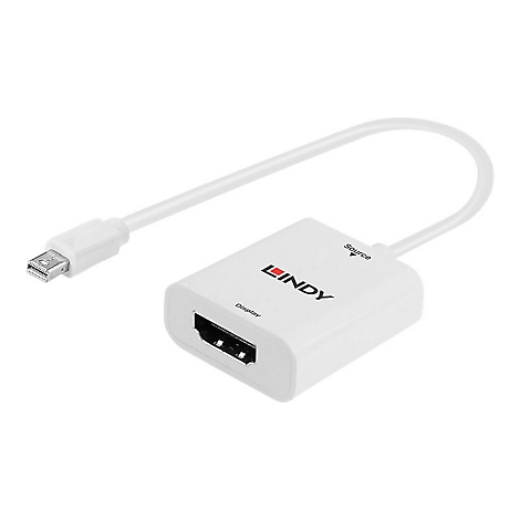 Adaptateur LINDY blanc avec connecteurs HDMI et Mini DisplayPort. Le câble relie les deux ports.