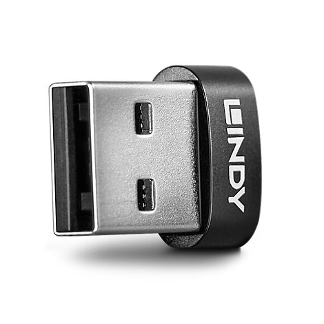 Gros plan d'un adaptateur USB argenté avec bordure noire. Il est écrit 'LINDY' en lettres blanches.